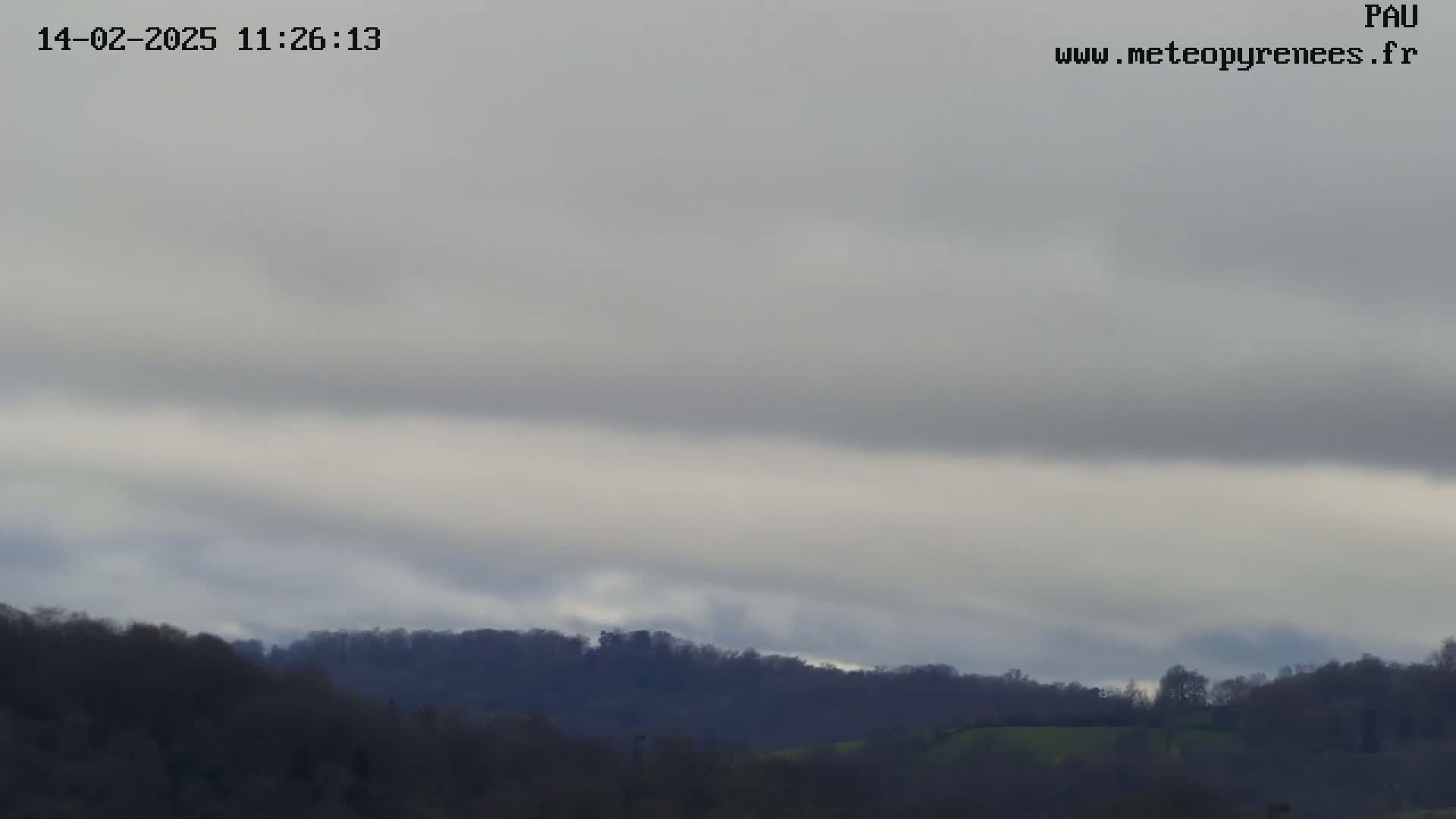 A view of rolling hills covered in dark trees under a mostly cloudy, overcast sky.
