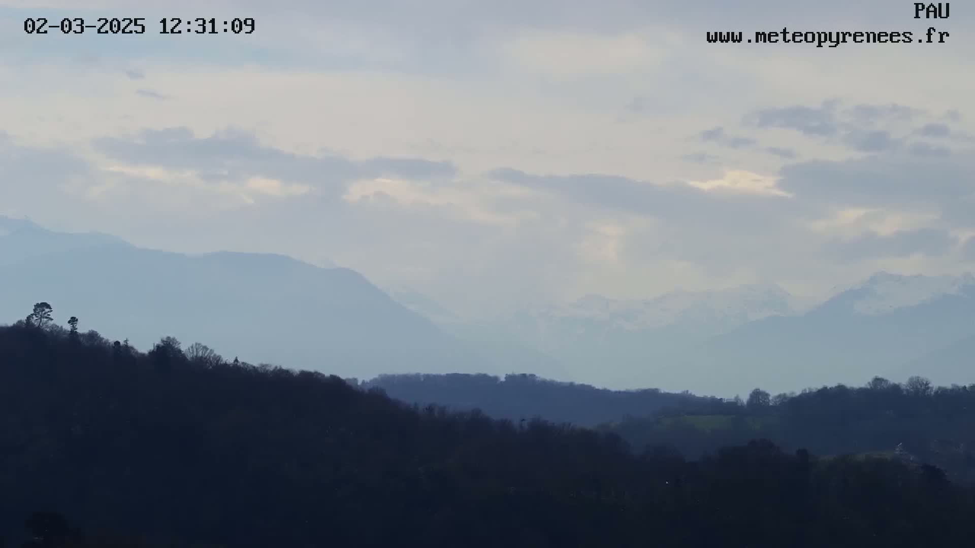 A hazy, overcast sky overlooks a range of dark, distant mountains, partially obscured by a foreground of silhouetted hills and trees.