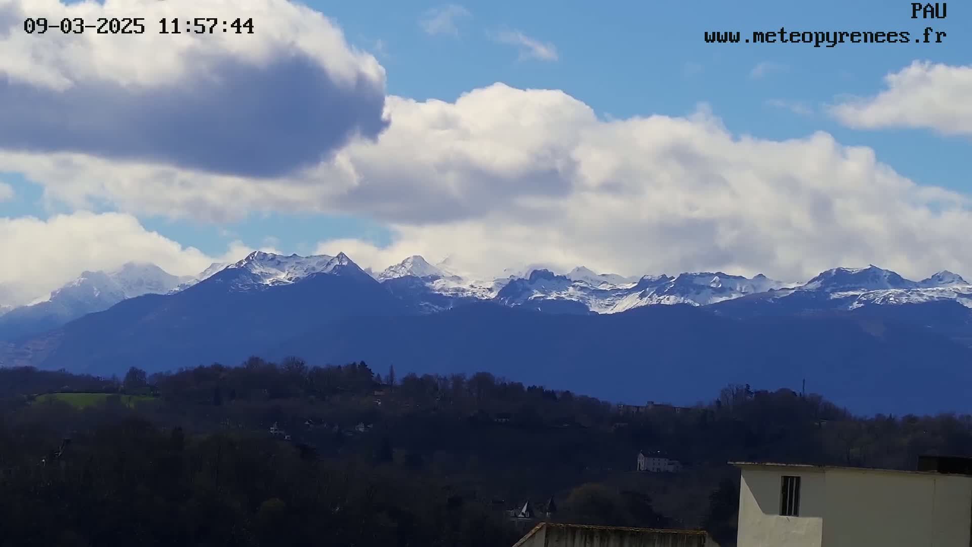 A partly cloudy sky overlooks a snow-capped mountain range in the distance, behind a foreground of dark, leafless trees and a few buildings.