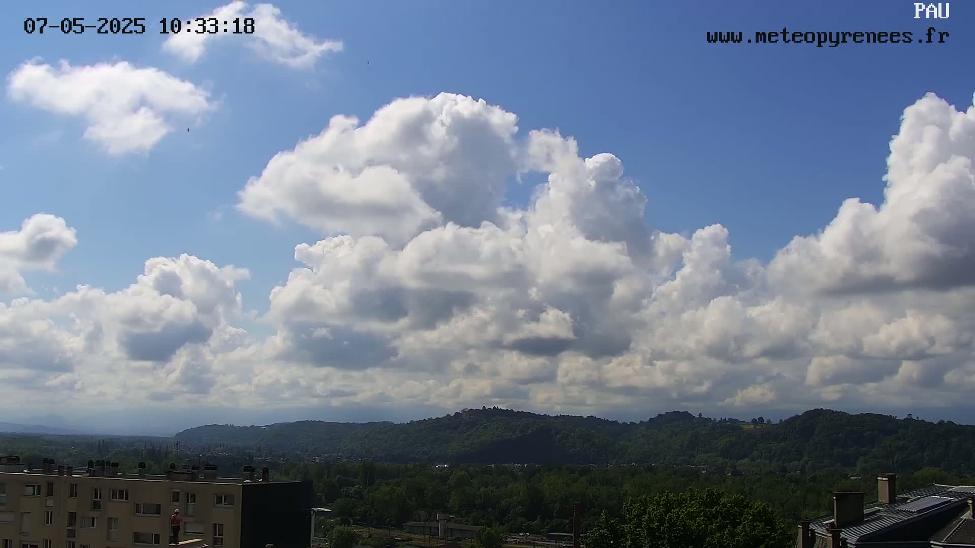 A partly cloudy sky with fluffy white cumulus clouds over a landscape of green hills and buildings.