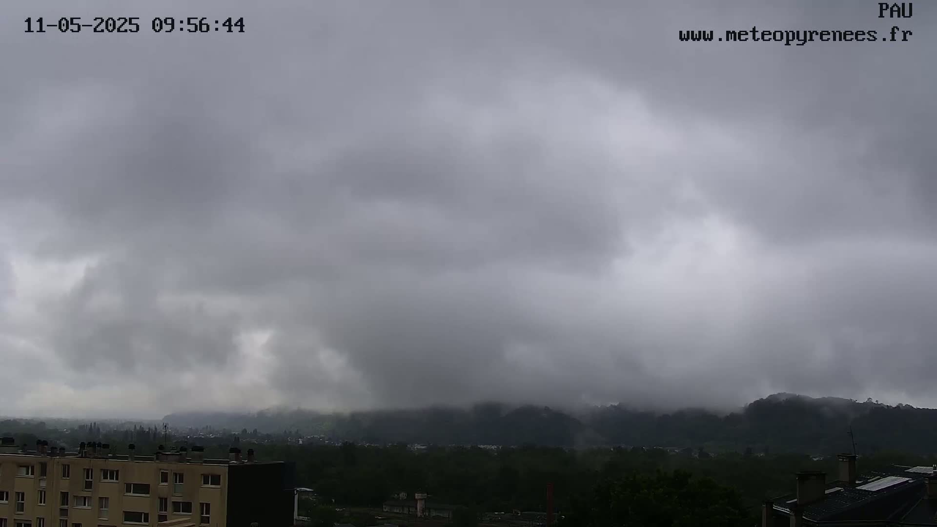 Overcast skies and a low-lying fog obscure distant hills and a cityscape.