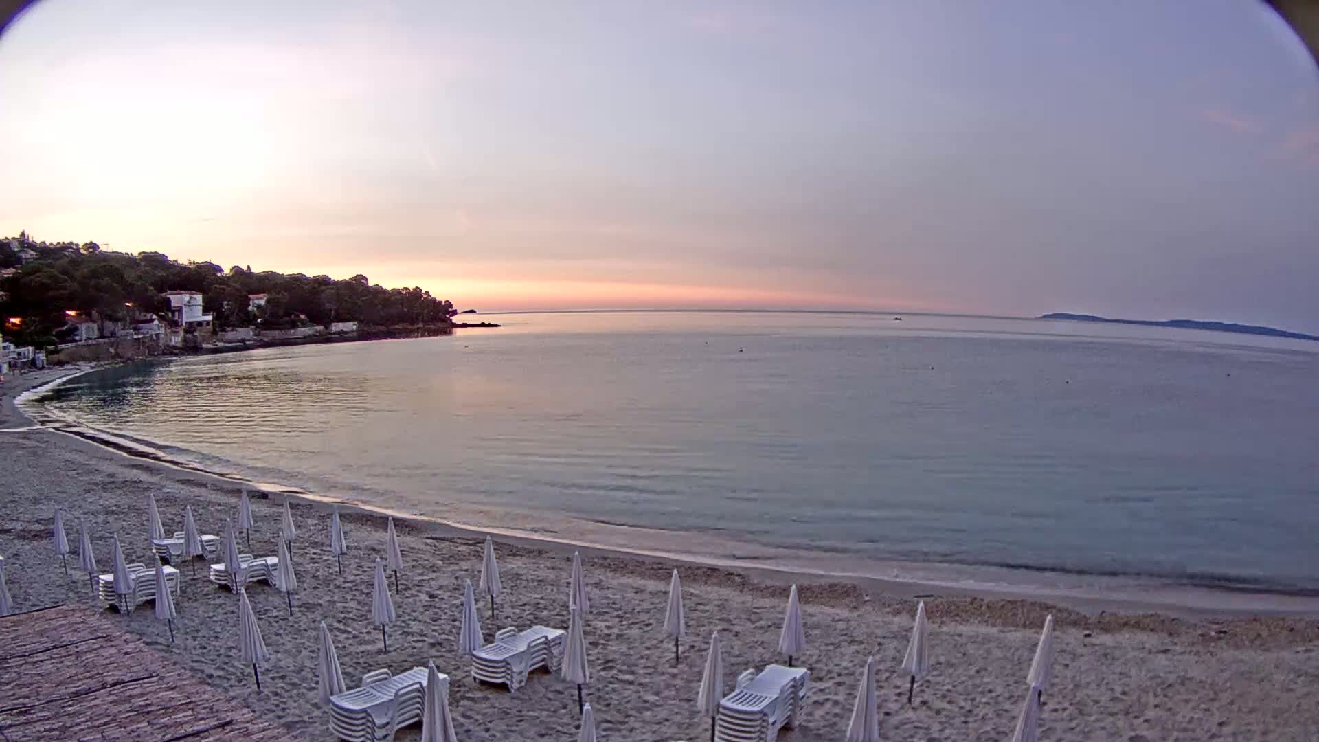 A calm, pale-pink sunrise illuminates a sandy beach with rows of white beach umbrellas and lounge chairs, overlooking a tranquil bay and distant coastline.