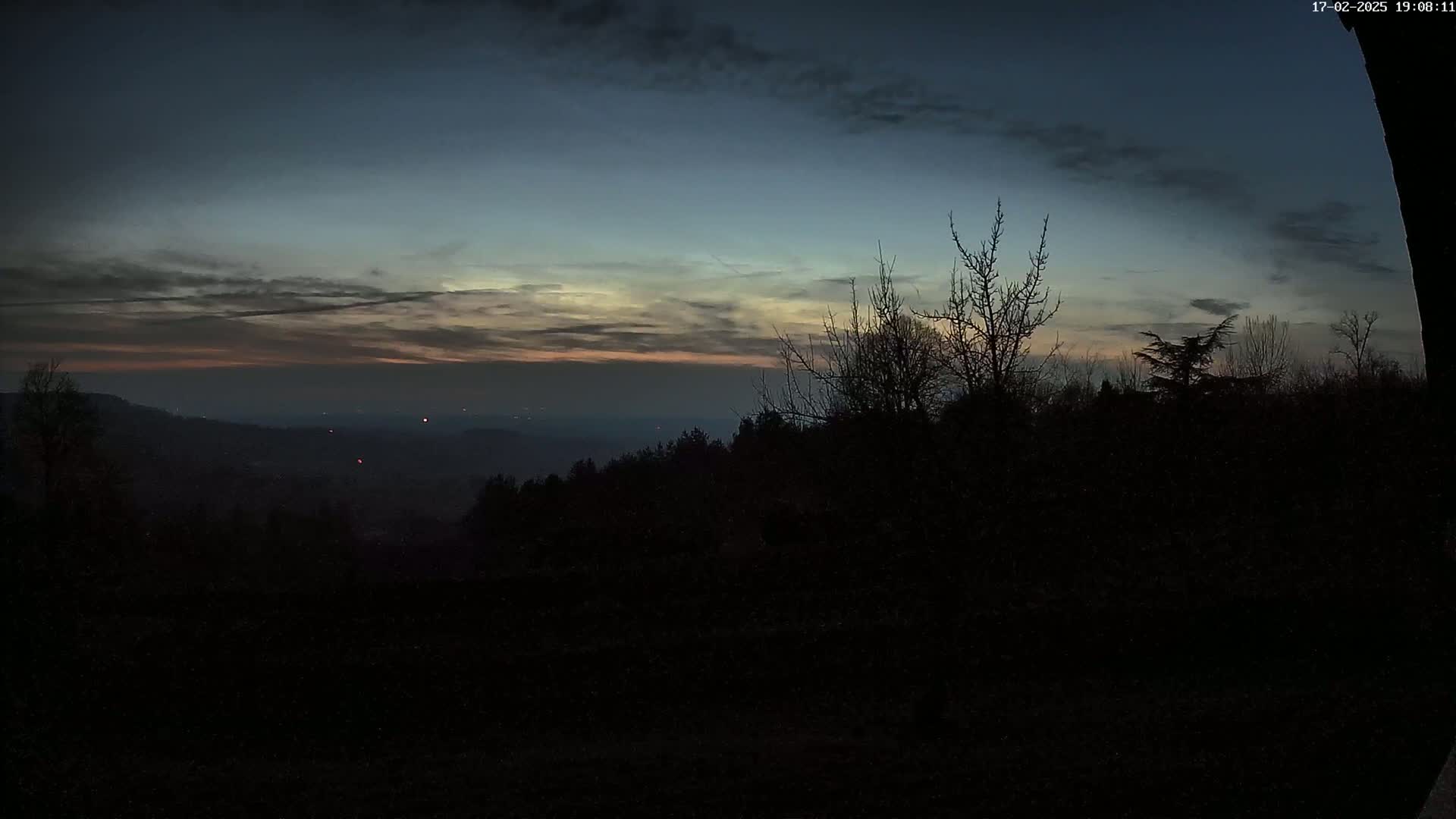 A twilight view of a distant, hazy valley illuminated by faint lights, with a dark, silhouetted forest in the foreground under a partly cloudy sky.