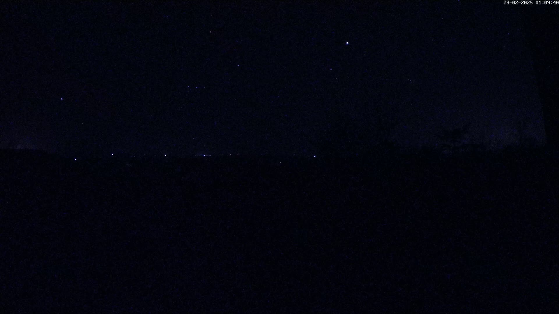 A nighttime long shot of a dark landscape under a clear, starry sky shows a few distant lights on the horizon.