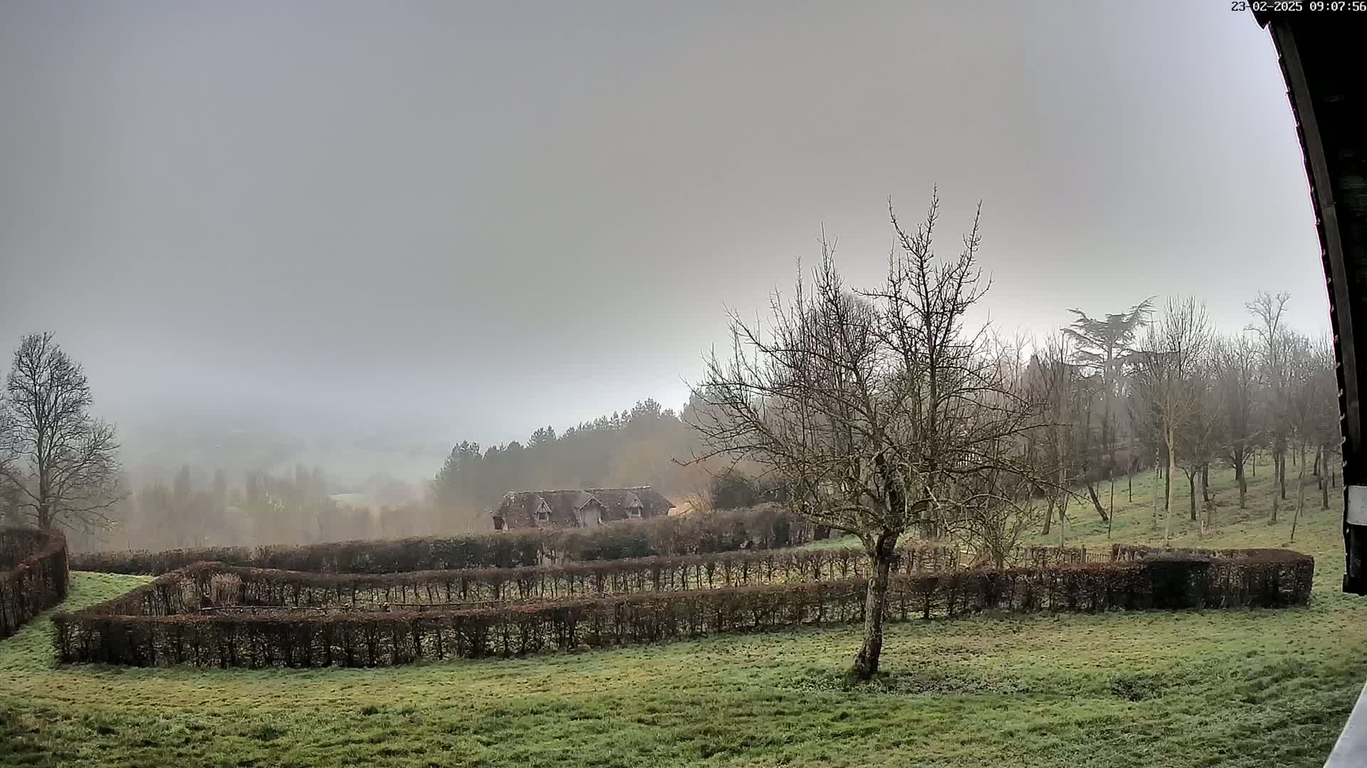 A foggy landscape reveals a building nestled behind a series of trimmed hedges, with leafless trees and a grassy field in the foreground.