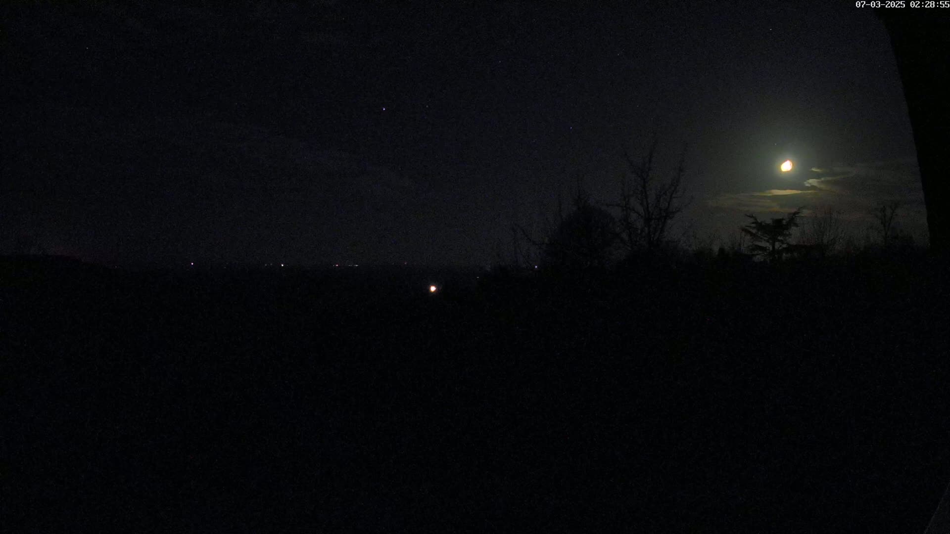 A nearly full moon shines through thin clouds above a dark, silhouetted landscape of trees and a distant horizon with faint lights.