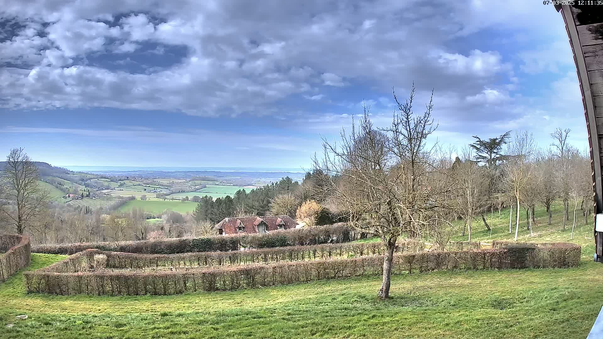 A partly cloudy sky overlooks a sprawling green valley, dotted with trees and a farmhouse, encompassed by neatly trimmed hedges.