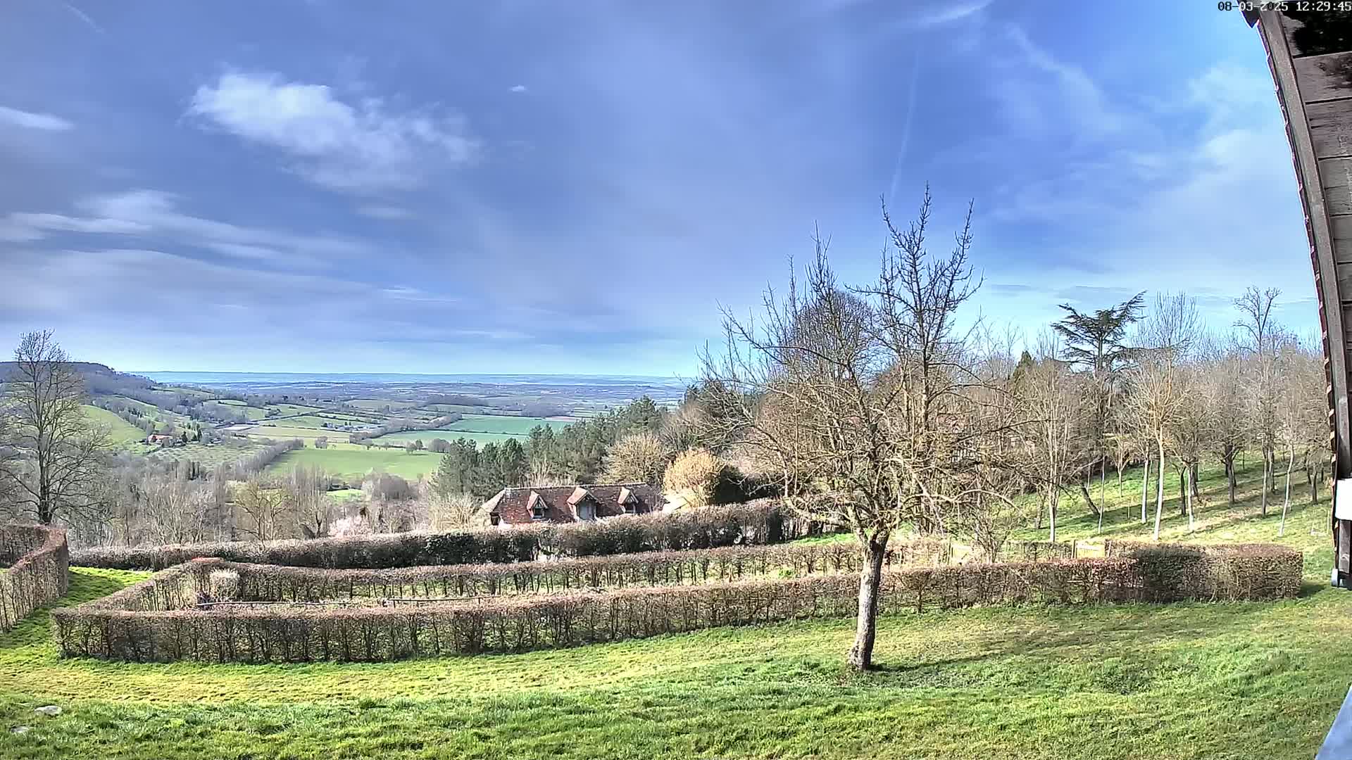 A sunny day reveals a sprawling green landscape with a distant body of water, a farmhouse nestled amidst neatly trimmed hedges, and bare deciduous trees dotting the hillside.