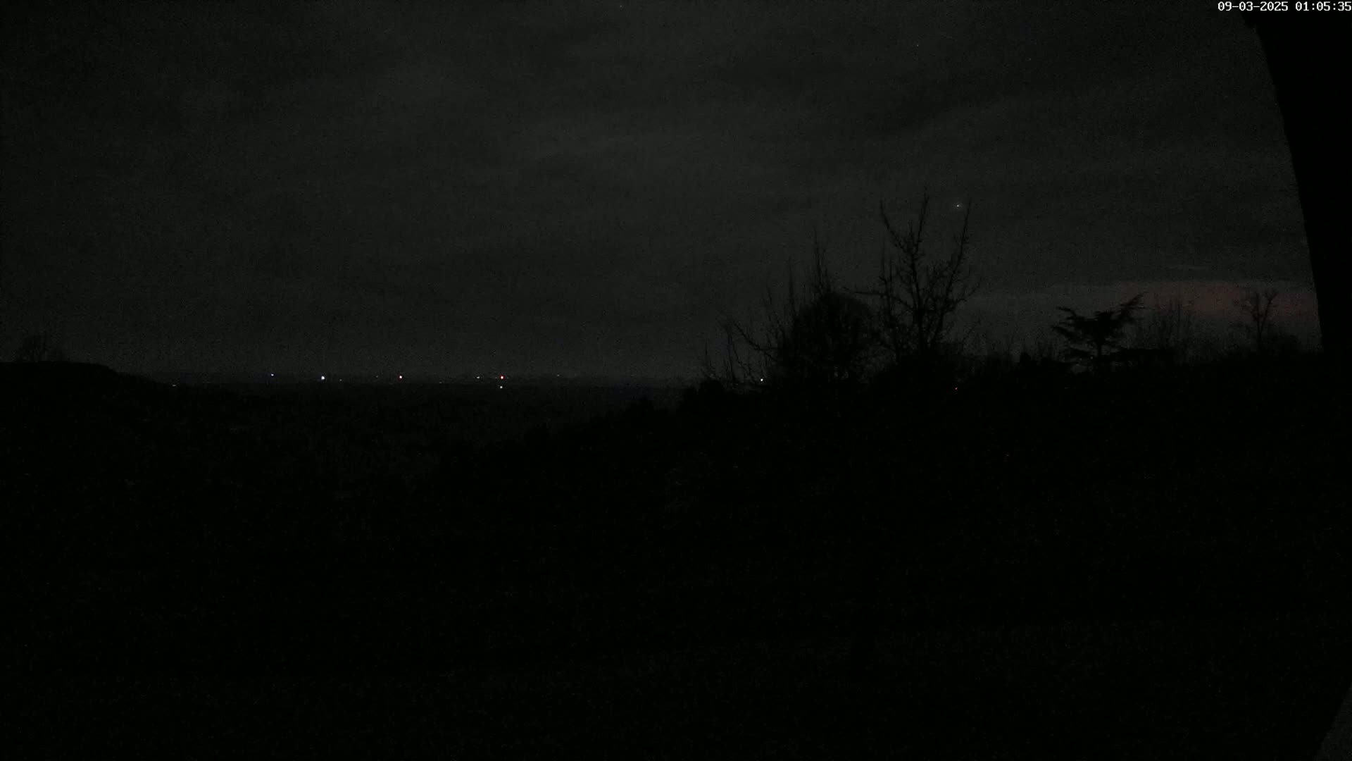 A dark, nighttime landscape is visible, showing distant lights and silhouetted trees under a cloudy sky.