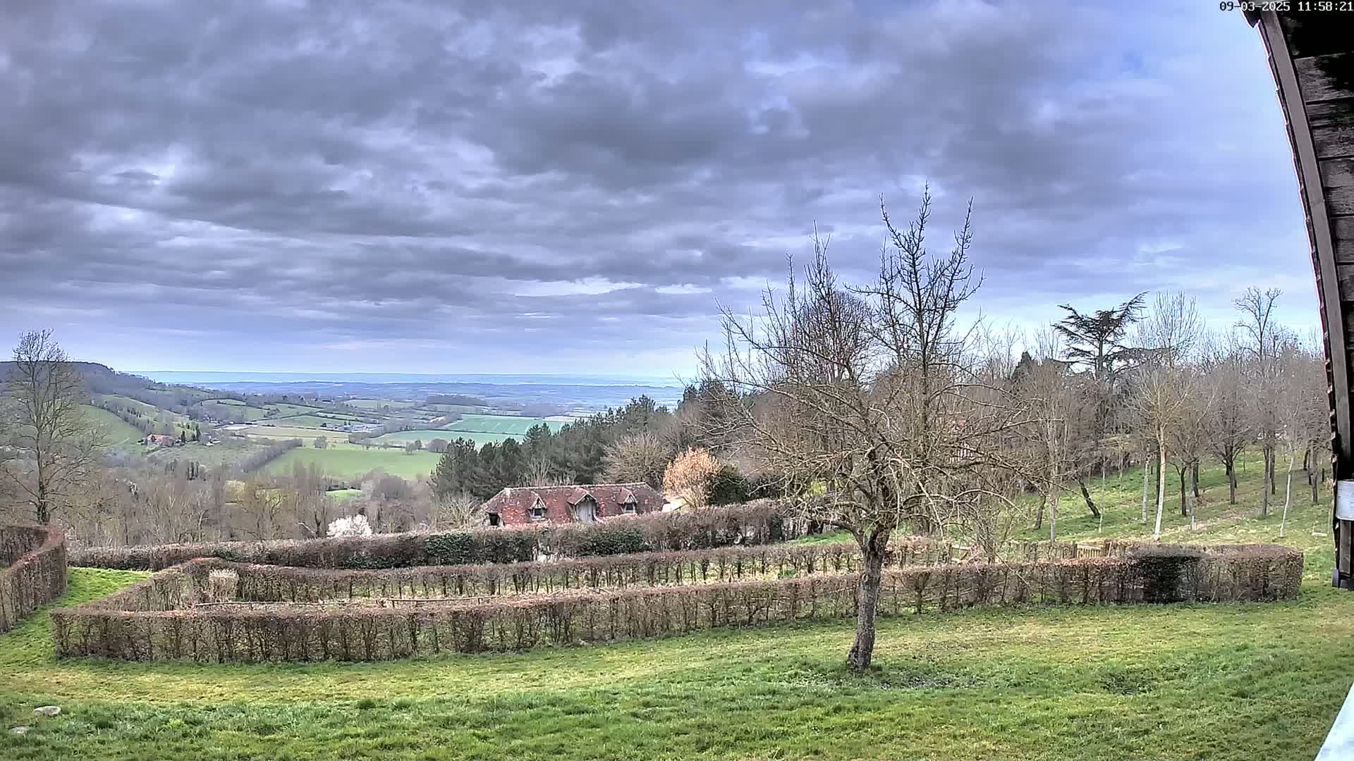 A sprawling green valley dotted with farmhouses under a cloudy sky is viewed from behind a hedgerow.