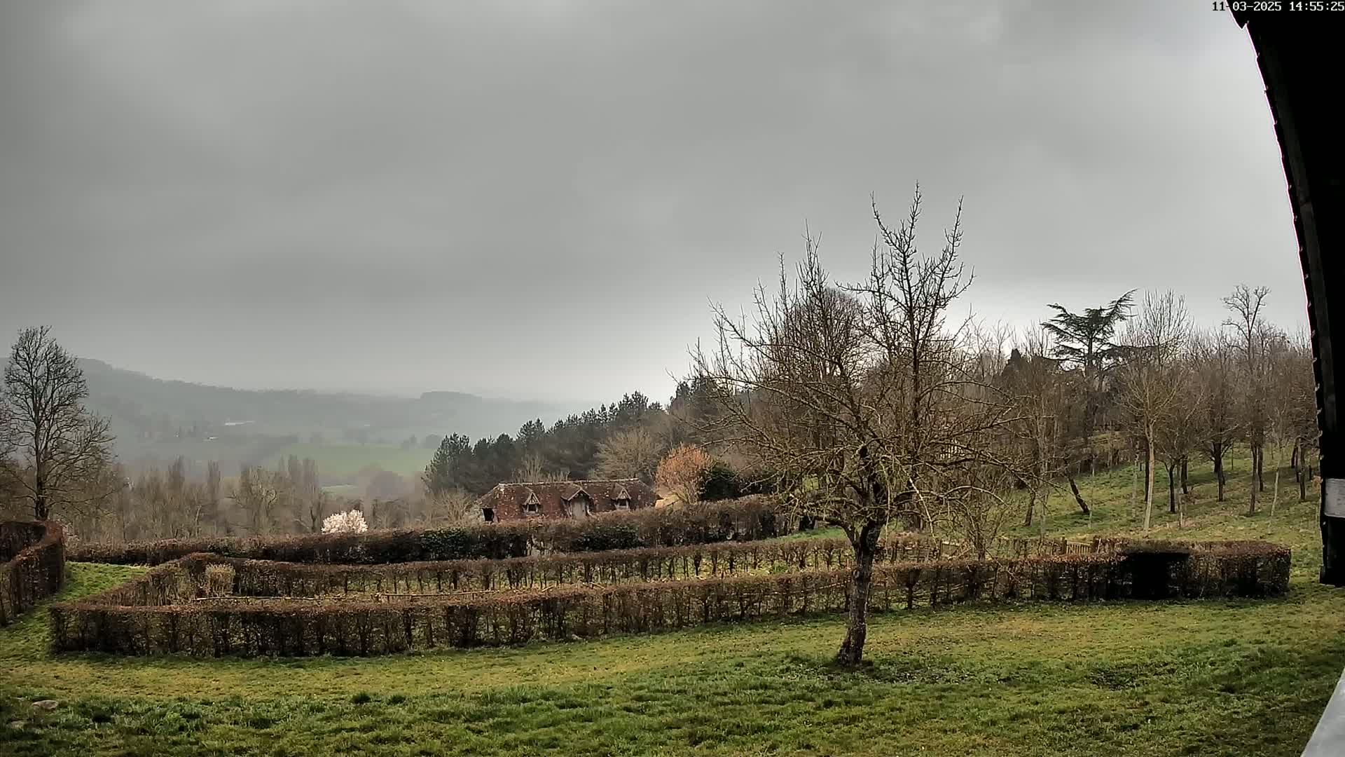 A grey, overcast day reveals a landscape of rolling hills, bare deciduous trees, neatly trimmed hedges forming geometric patterns, and a lone building nestled among the greenery.