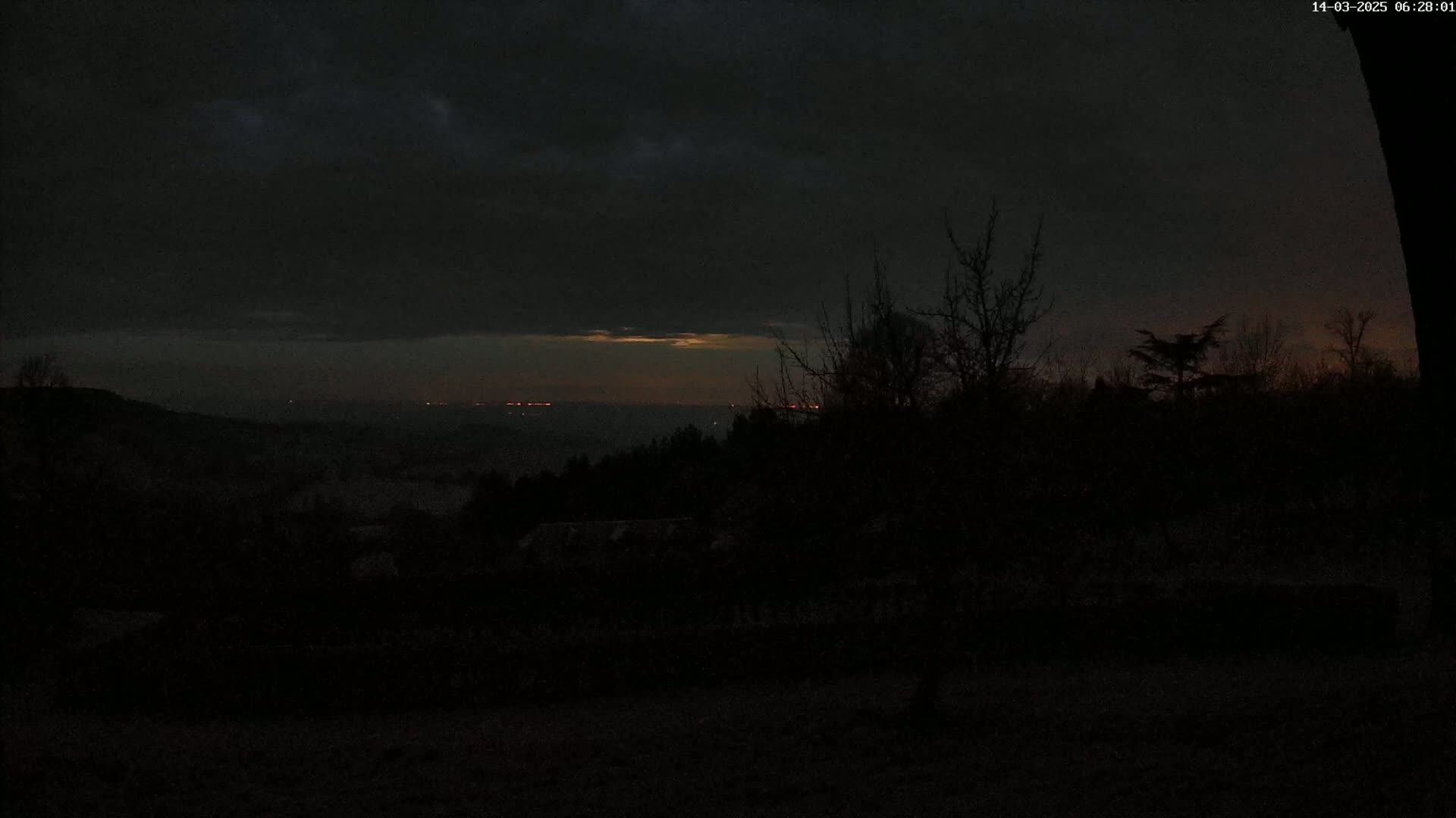 A dark, pre-dawn landscape shows a distant, faintly lit cityscape under a mostly cloudy sky.