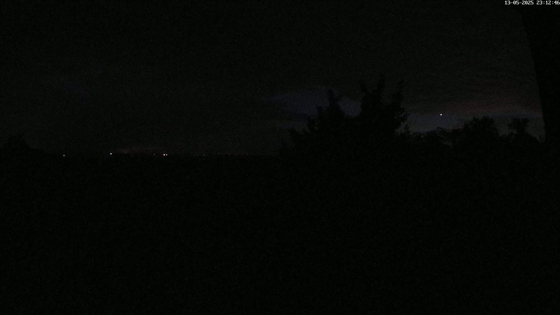A nighttime view of a dark landscape with silhouetted trees and a few distant lights under a mostly clear, dark sky.