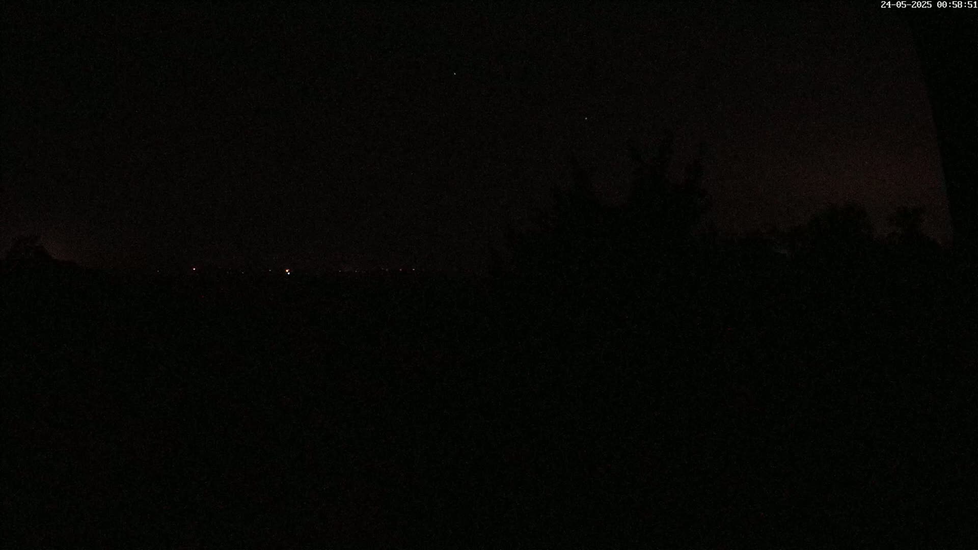A dark, nighttime scene shows a distant horizon line with faint lights and silhouetted trees in the foreground under a mostly clear sky.
