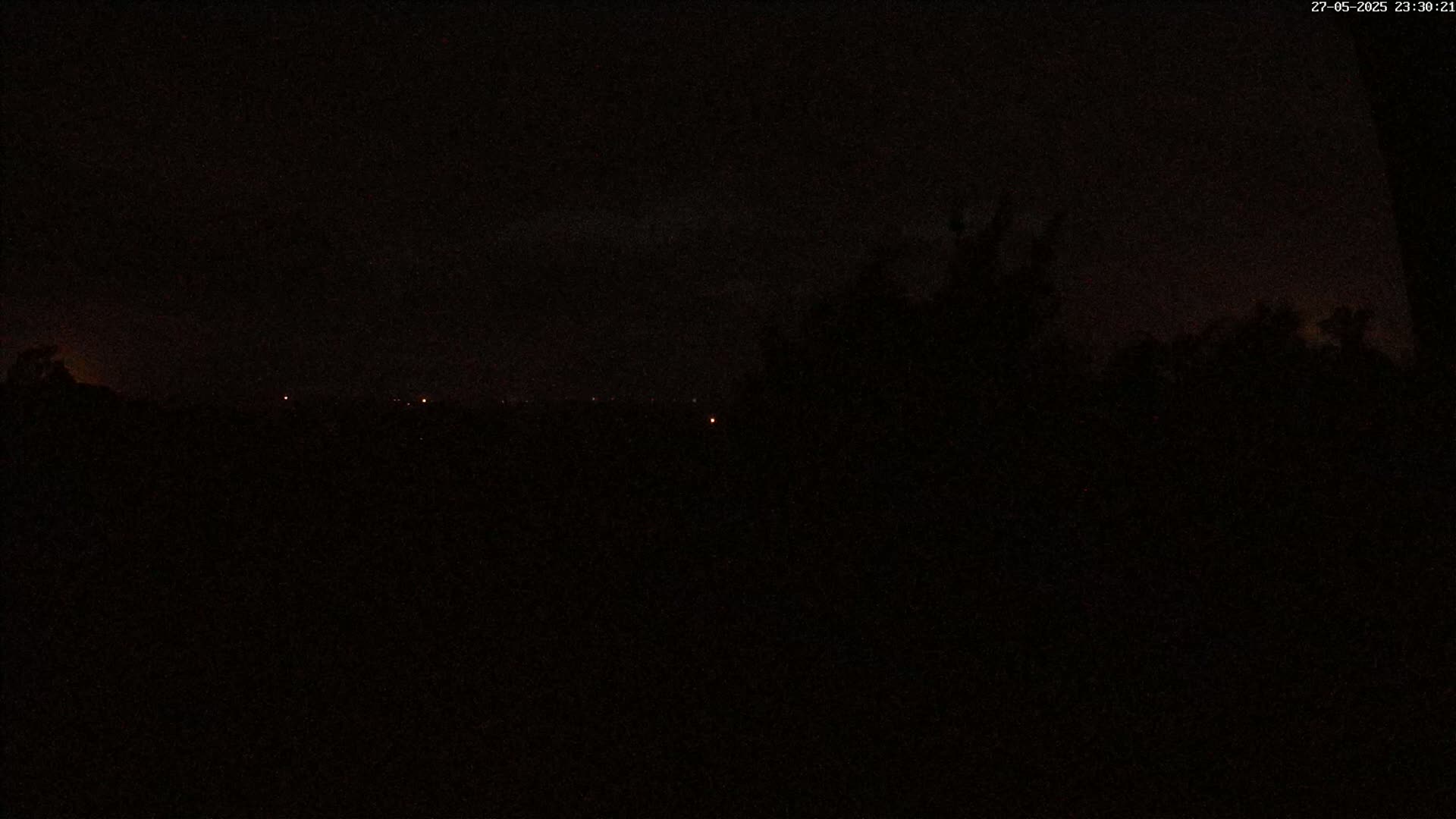 A dark, nighttime scene shows a distant horizon line with a few faint lights, silhouetted trees in the foreground under a mostly clear, dark sky.