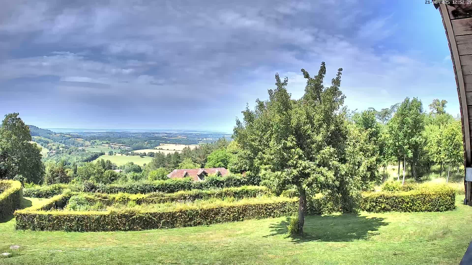 A partly cloudy sky overlooks a verdant landscape featuring a manicured garden, a small house, and a distant vista of rolling hills and a body of water.
