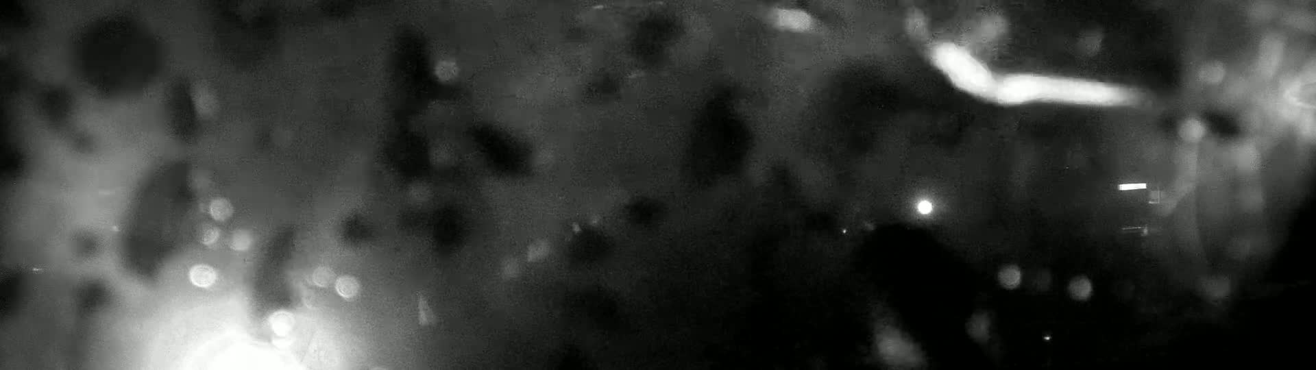 A blurry, dark nighttime image shows out-of-focus lights and shapes, possibly viewed through rain-covered glass.