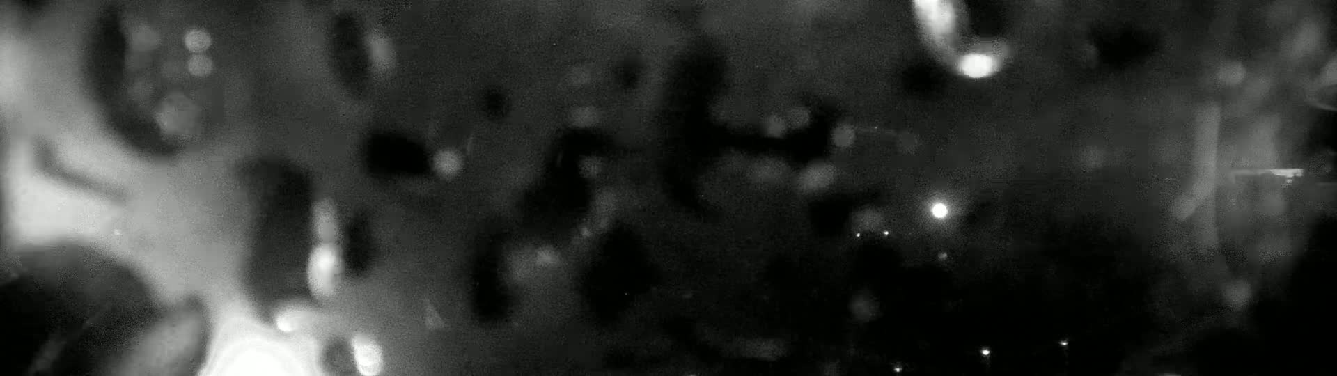 A blurry, out-of-focus grayscale image shows indistinct shapes and bright spots suggestive of nighttime city lights viewed through rain-streaked glass.