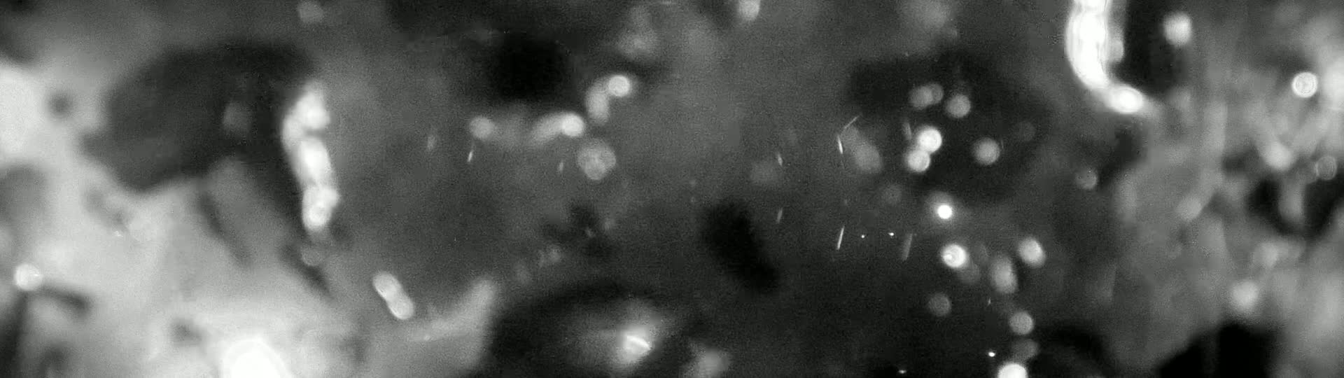 A blurry, out-of-focus grayscale image shows many indistinct shapes and bright spots, possibly depicting a nighttime scene with falling snow or rain.
