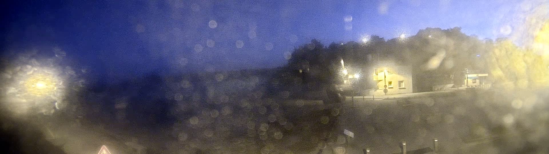 A blurry night scene viewed through a rain-covered window shows a building and trees illuminated by streetlights.