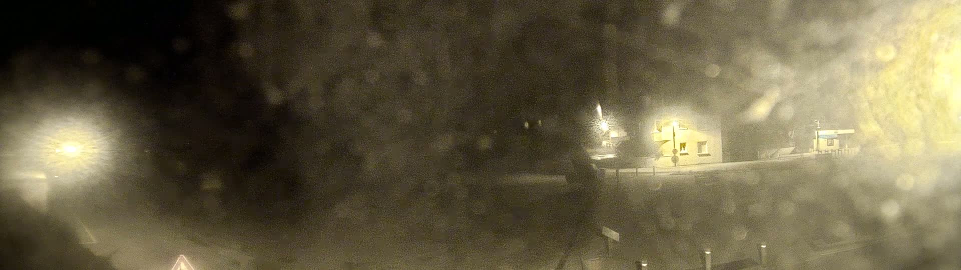 A blurry nighttime image shows a building illuminated by streetlights during a snowstorm.