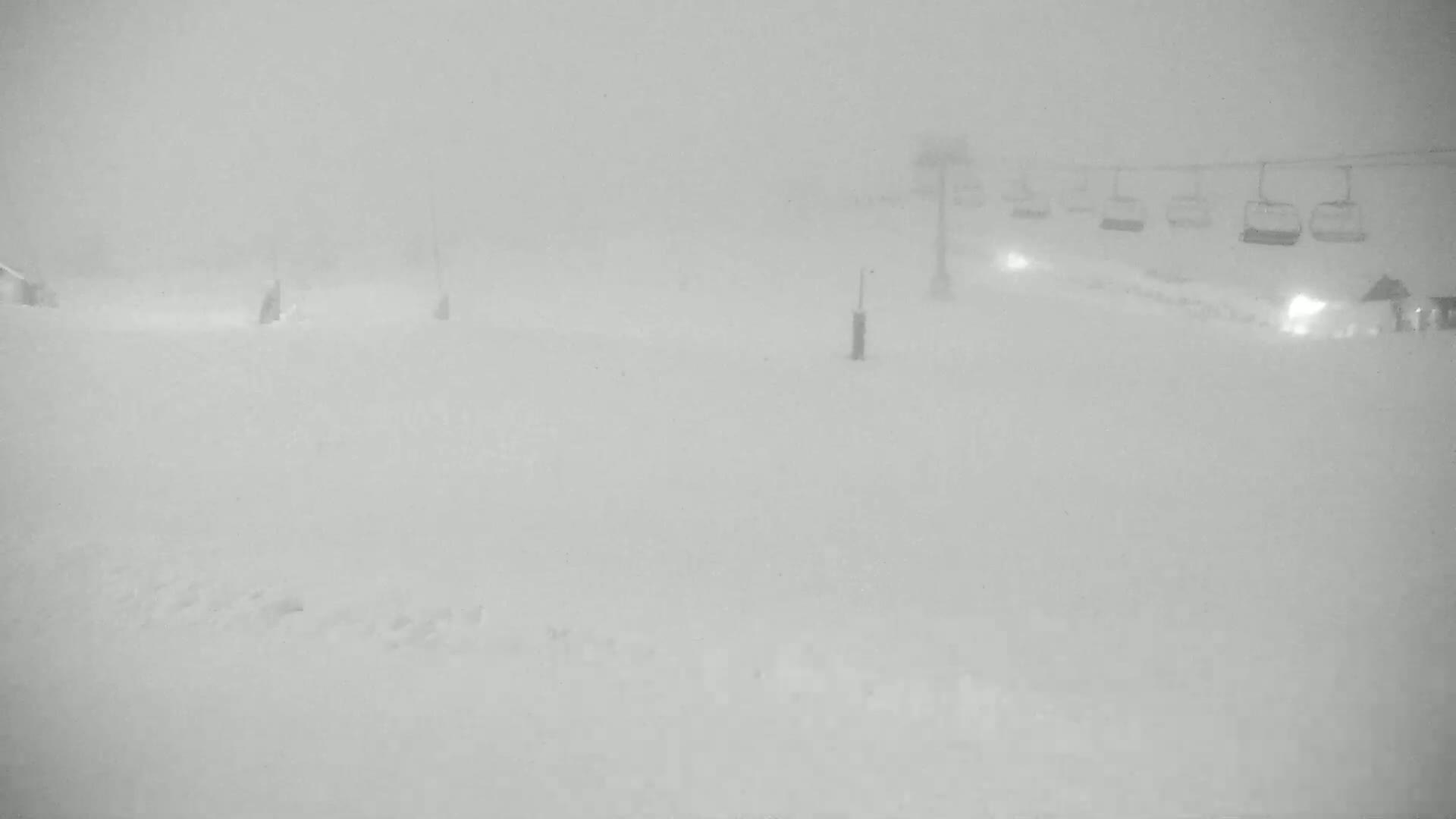 A snow-covered ski slope is visible under heavy snowfall, with a chairlift in the background.