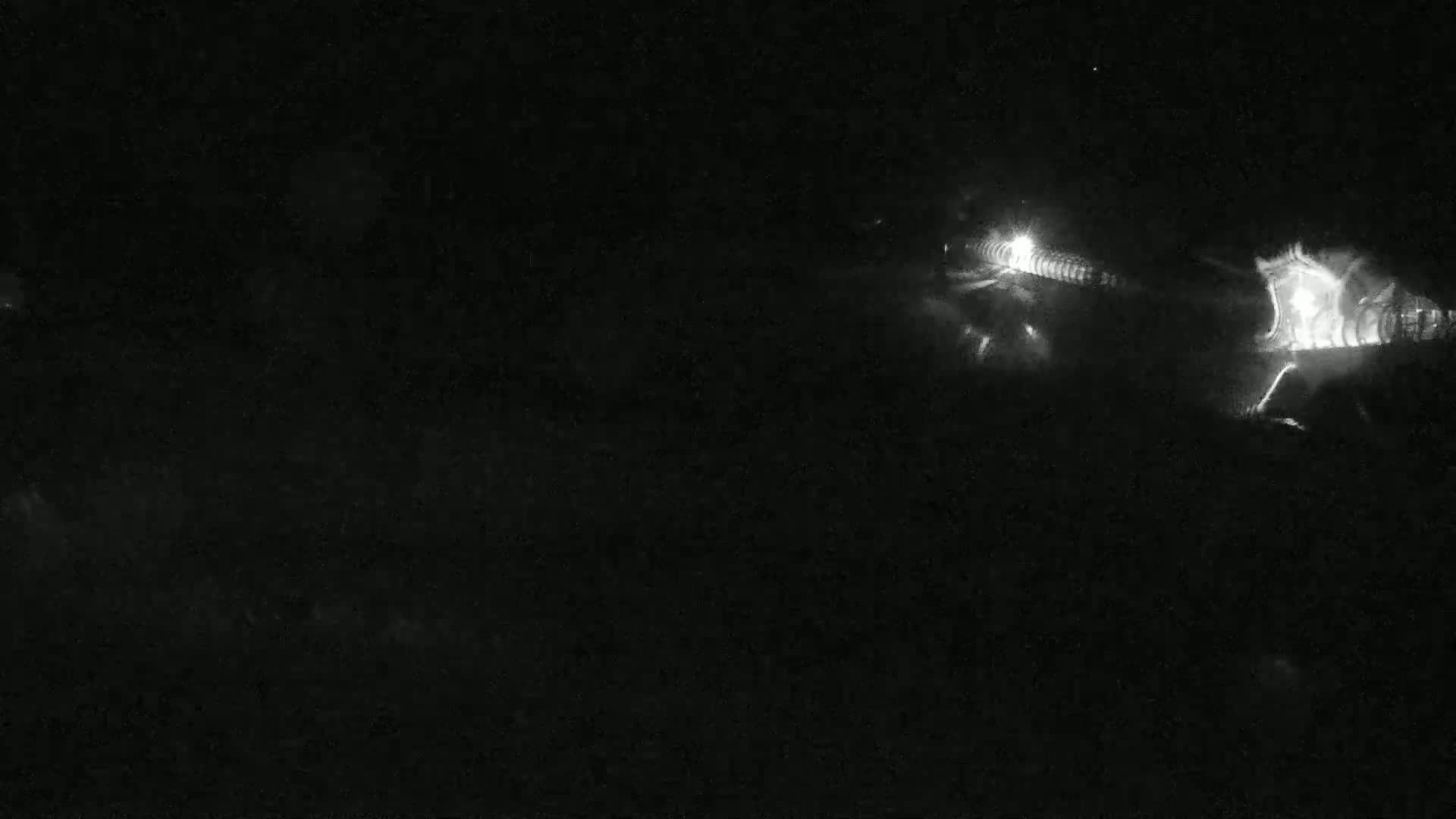 A nighttime, low-light image shows a road with headlights of vehicles faintly visible in the distance.