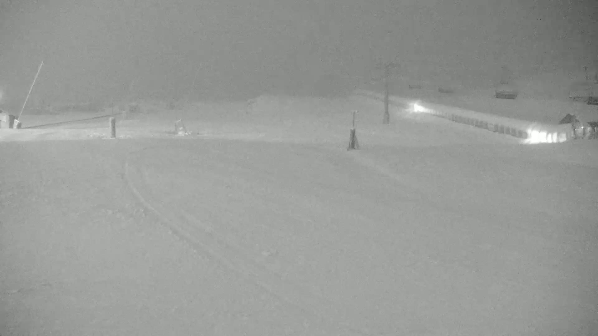 A snow-covered landscape is visible under heavy nighttime snowfall.
