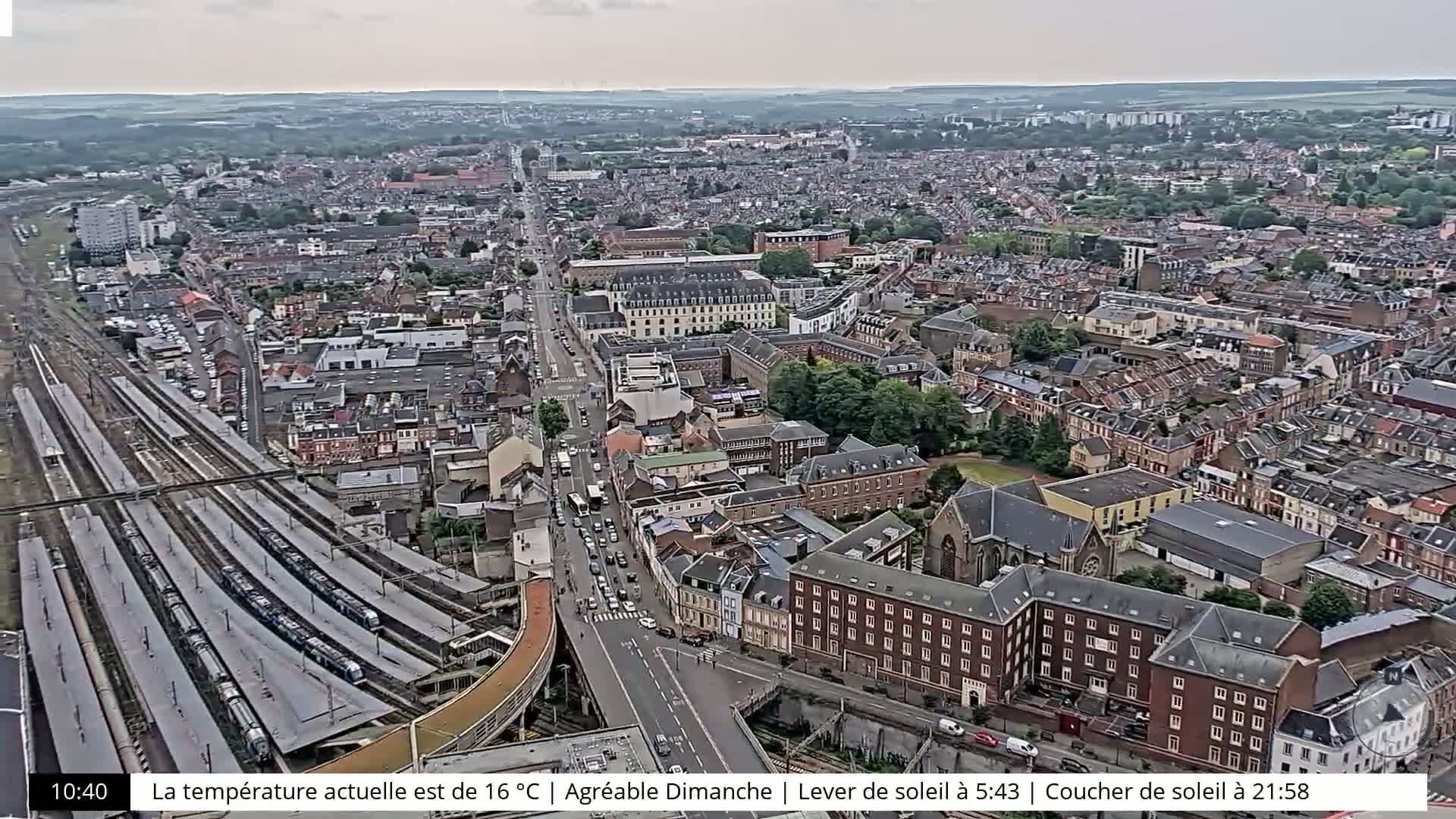 A high-angle, long shot of a densely populated city with a train station on an overcast day.