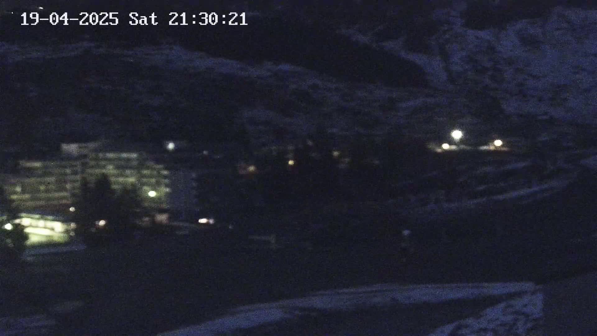 A nighttime, blurry view of a large building with lights on, partially obscured by trees and darkness.