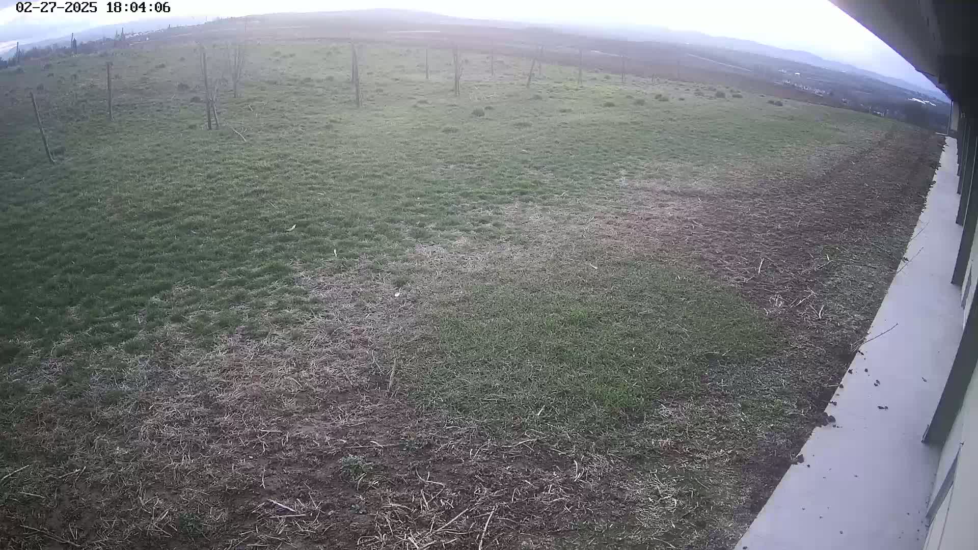 A view from a building shows a large expanse of patchy grass, some green and some brown and dry, under a mostly cloudy sky.