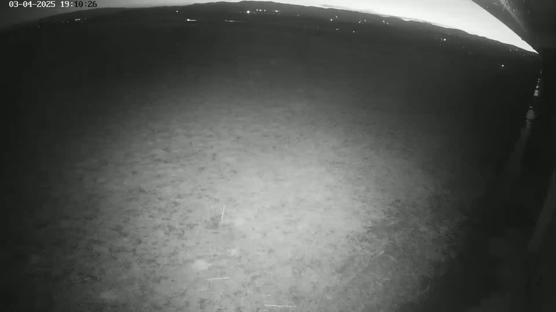 A nighttime, low-light view shows a mostly flat, textured ground extending to a distant horizon where faint lights are visible.
