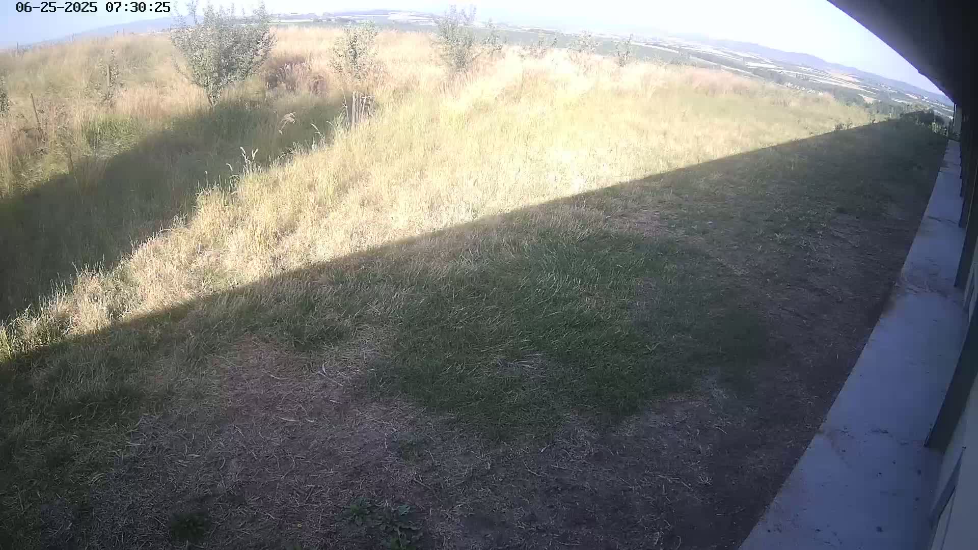 A grassy yard slopes down to a patch of drier grass,  partially shaded by a long shadow, with a view of a distant landscape under a clear sky.