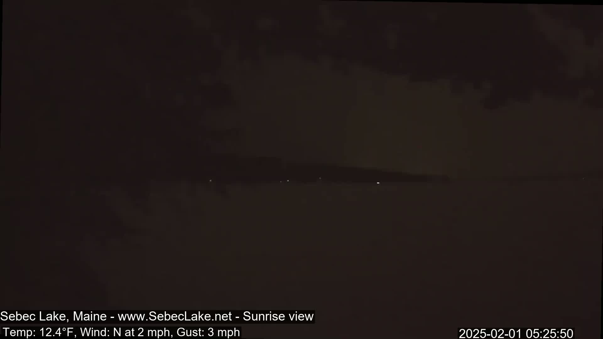A dark, nighttime view of a lake with a distant shoreline showing a few faint lights under a cloudy sky, with a north wind at 2 mph and gusts up to 3 mph.