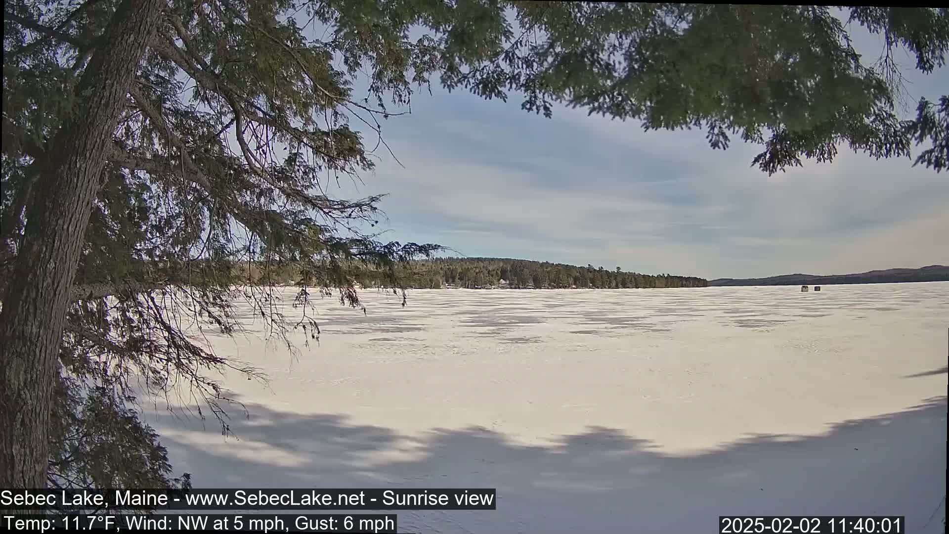A frozen lake stretches to a tree-lined shore under a partly cloudy sky, viewed from behind tree branches.