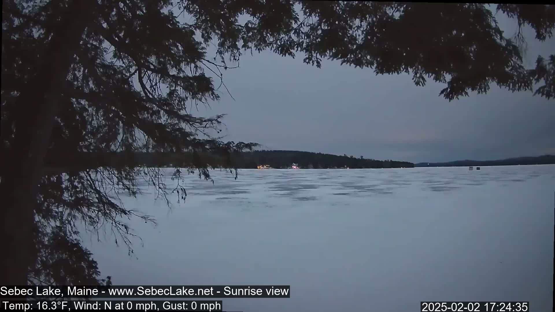 A frozen lake is viewed from behind tree branches under a twilight sky.