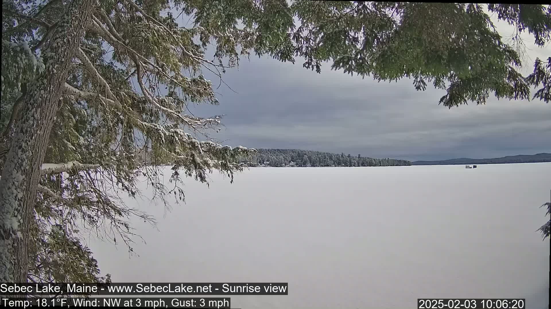 A snow-covered frozen lake is viewed from behind a snow-laden tree branch under a cloudy sky.