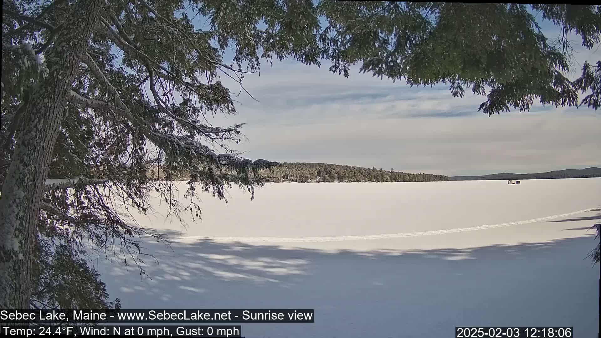 A snow-covered frozen lake is seen through the branches of a snow-laden tree on a partly cloudy day.