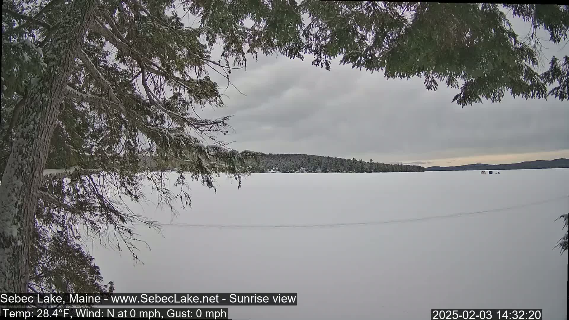A snow-covered frozen lake is seen through the branches of a snow-laden evergreen tree under a cloudy sky.