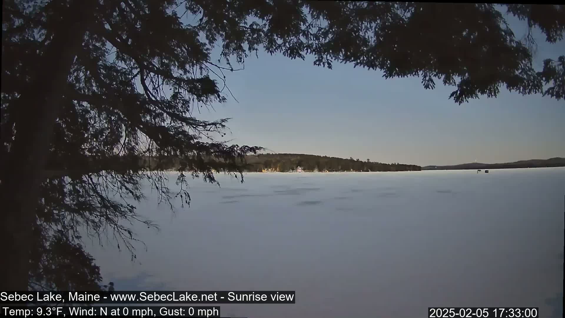 A frozen lake is seen through the branches of a tree under a calm, twilight sky.