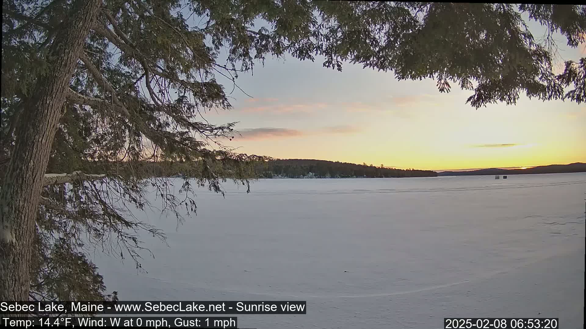 A sunrise casts a warm glow over a snow-covered frozen lake, partially viewed through the branches of a snow-laden evergreen tree.
