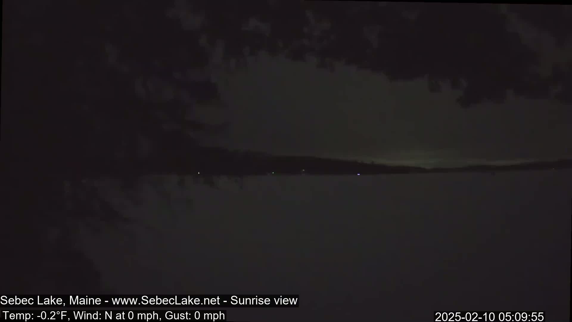 A dark, nighttime view of a calm lake under a mostly cloudy sky.