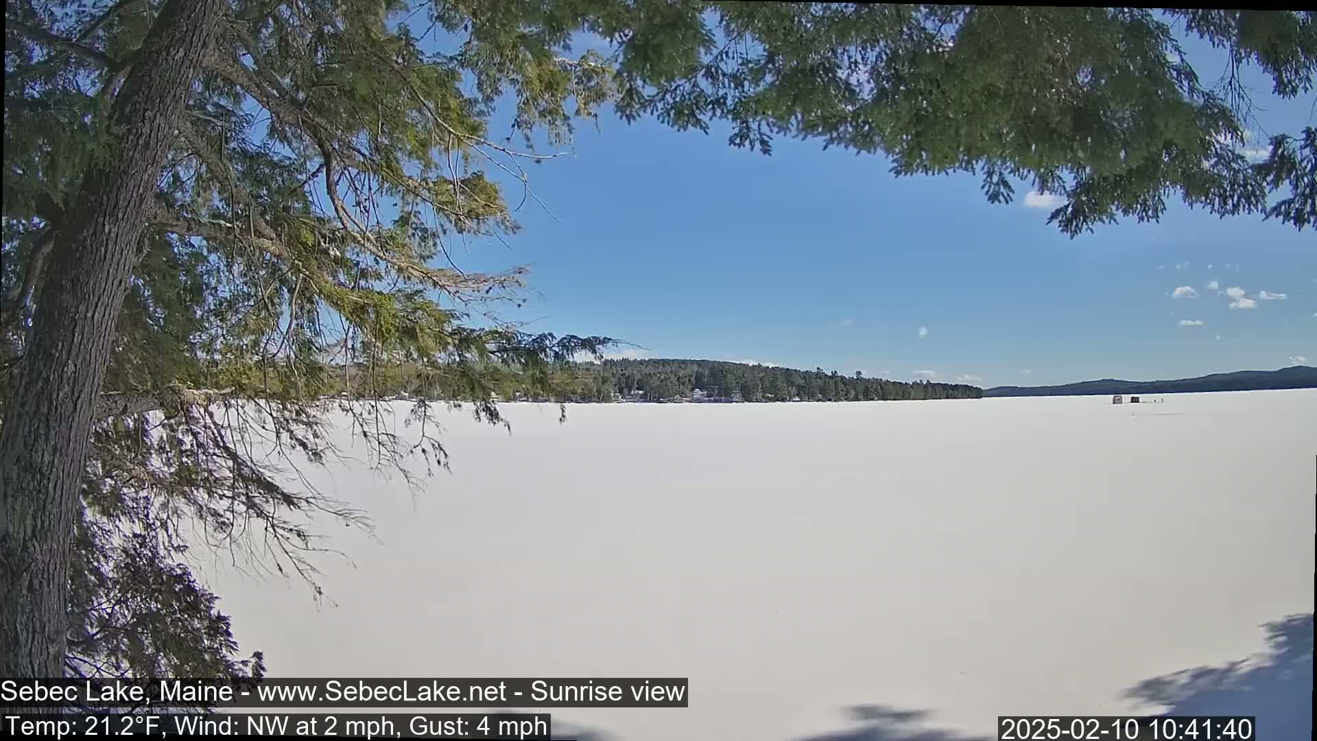 A snow-covered lake is viewed from a wooded shoreline under a clear blue sky.