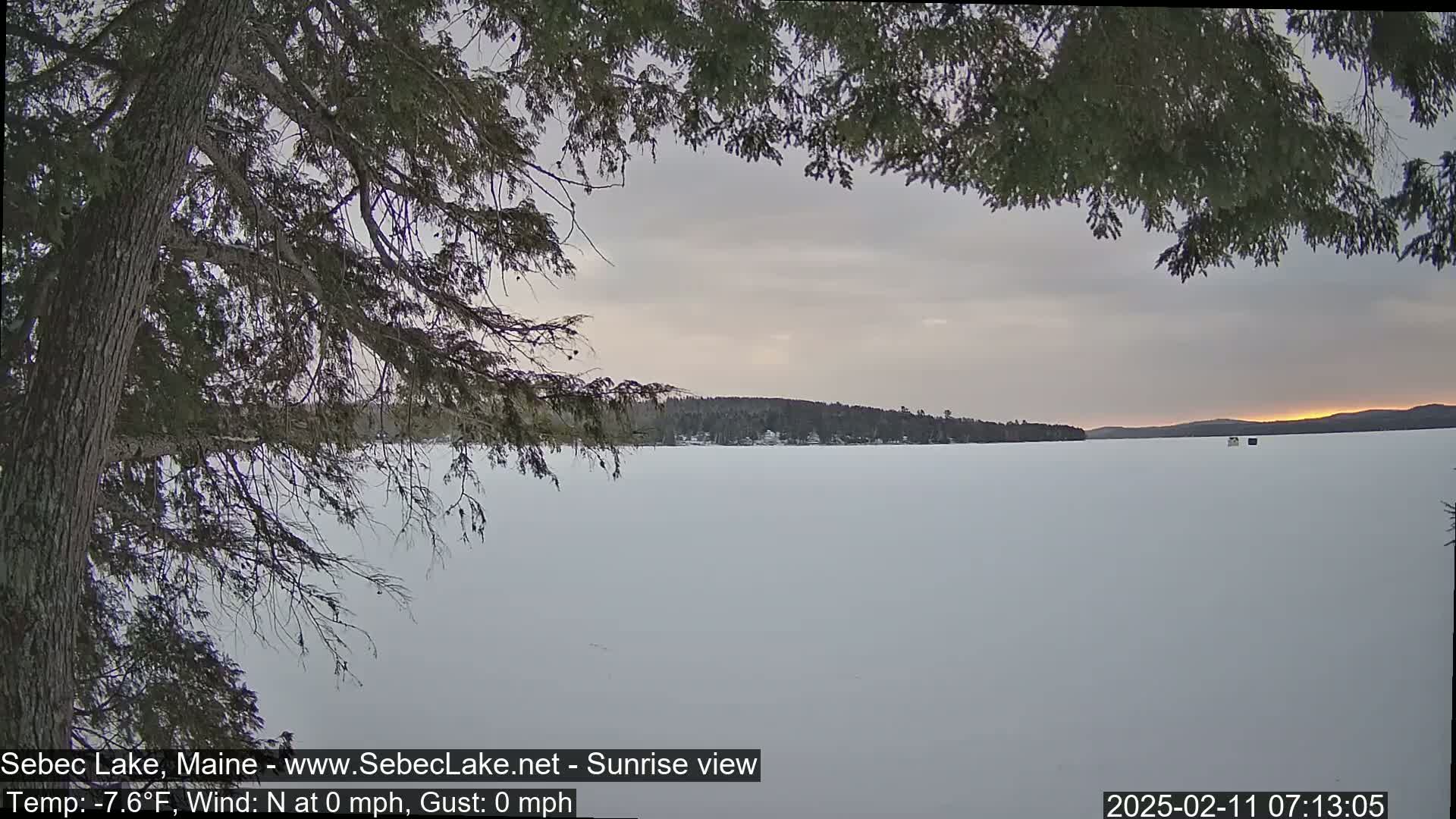 A frozen lake stretches to a tree-lined shore under a calm, sunrise sky.