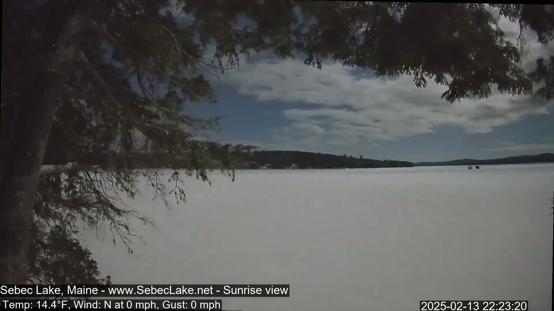 A snow-covered lake is seen through the branches of a tree under a partly cloudy sky.