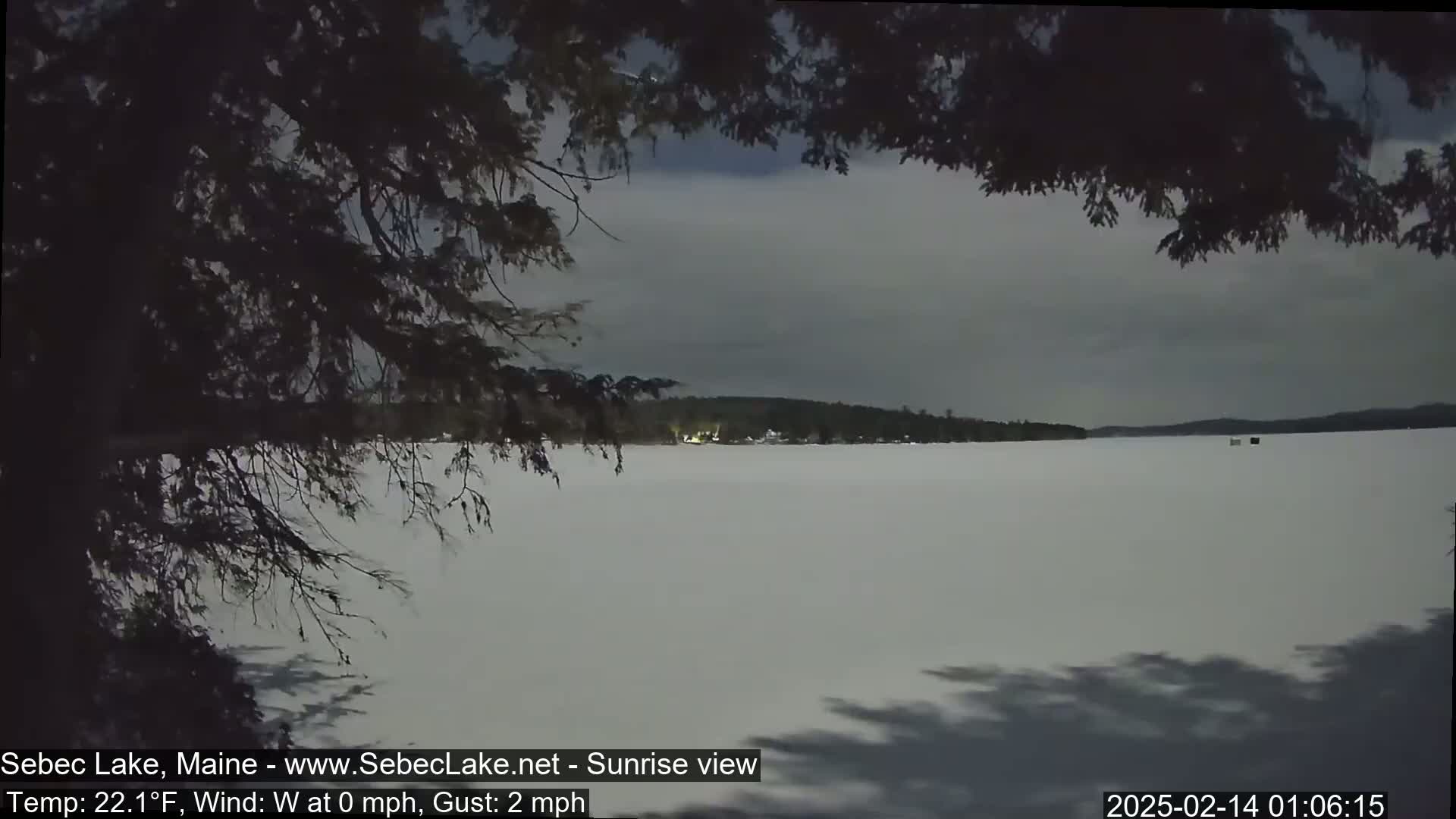 A snow-covered frozen lake is seen at dawn, with a dark tree branch partially obscuring the view.