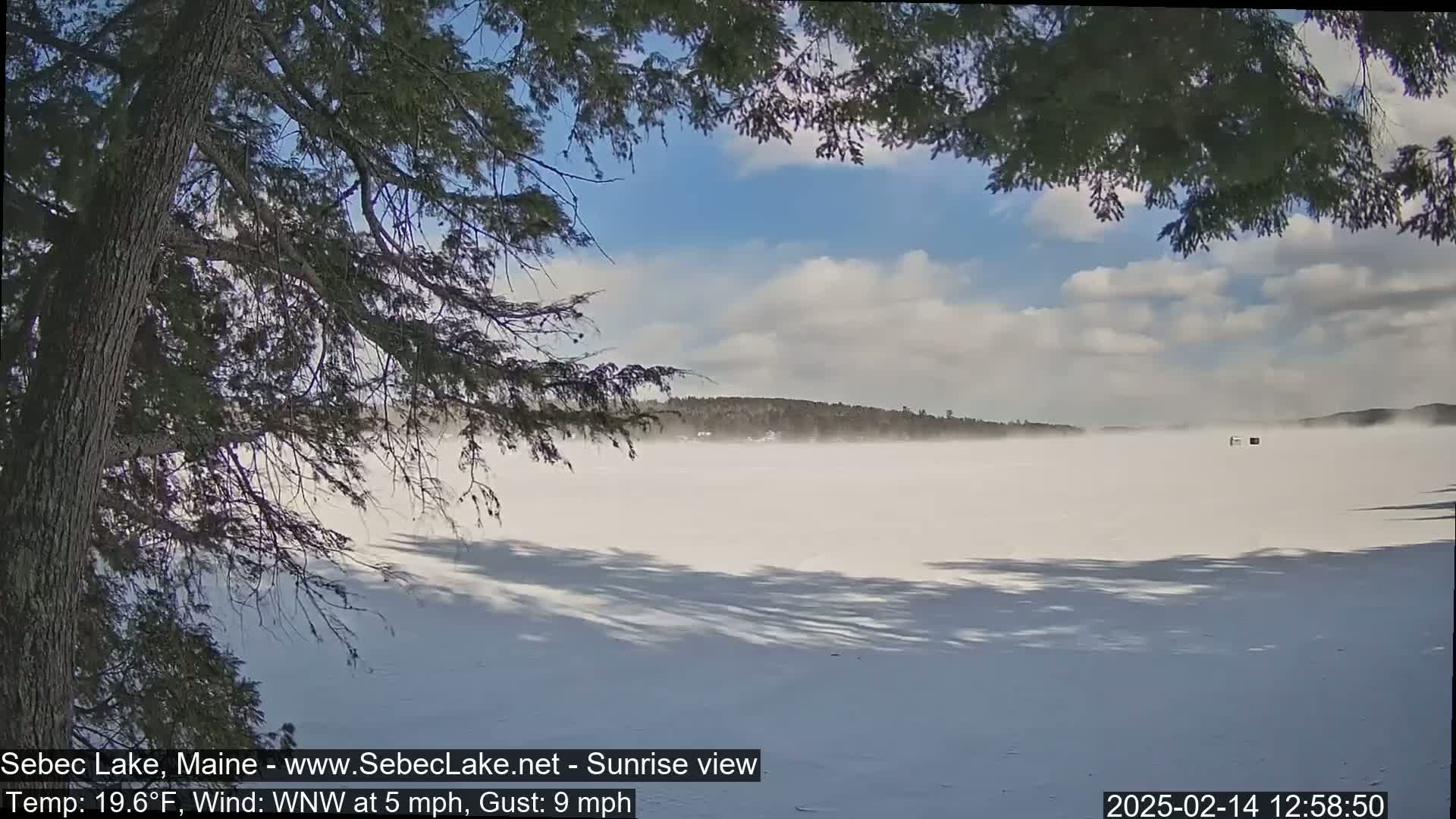 A snow-covered lake is viewed through the branches of a pine tree under a partly cloudy sky, with a light wind blowing snow across the frozen surface.