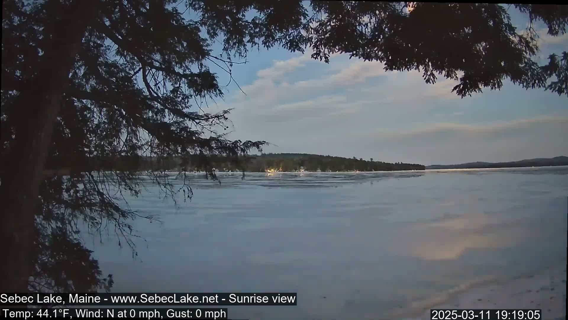 A partially frozen lake is viewed from behind tree branches under a partly cloudy twilight sky.