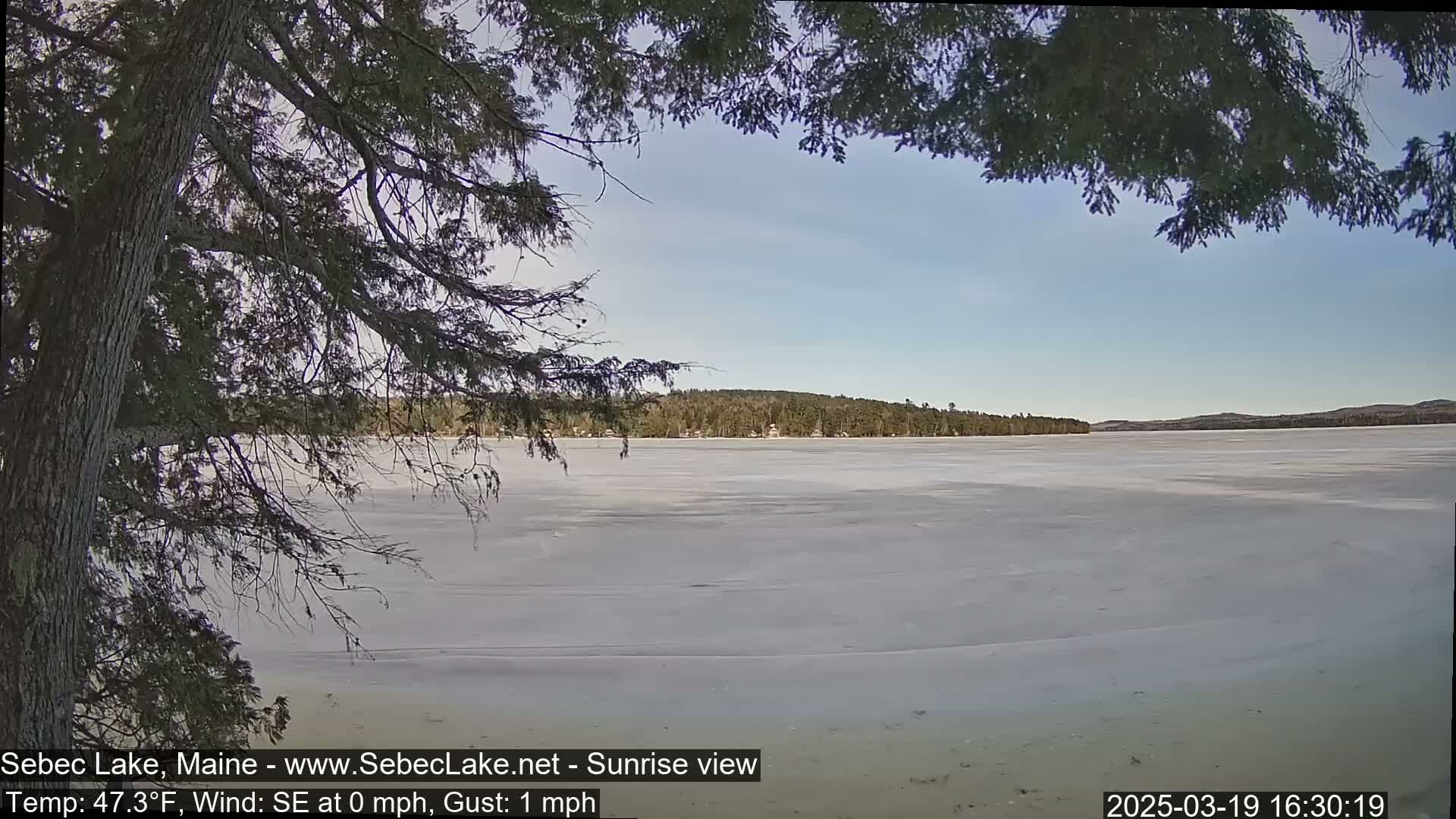A frozen lake stretches to a tree-lined shore under a clear, light-blue sky.