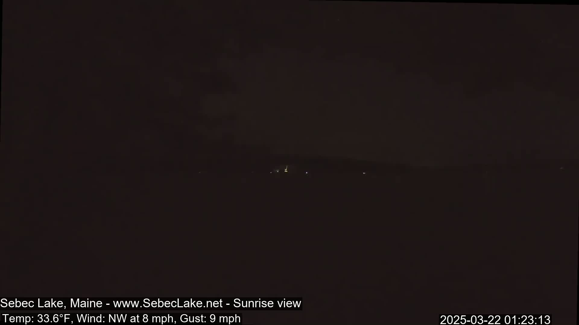 A dark, nighttime scene shows a distant line of faint lights across a dark body of water, with a northwest wind blowing at 8 mph and gusts up to 9 mph, and a temperature of 33.6°F.